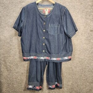 Koret City Blues VTG 2-Piece Set Top & Pants Plus 22 W Blue Denim Patchwork